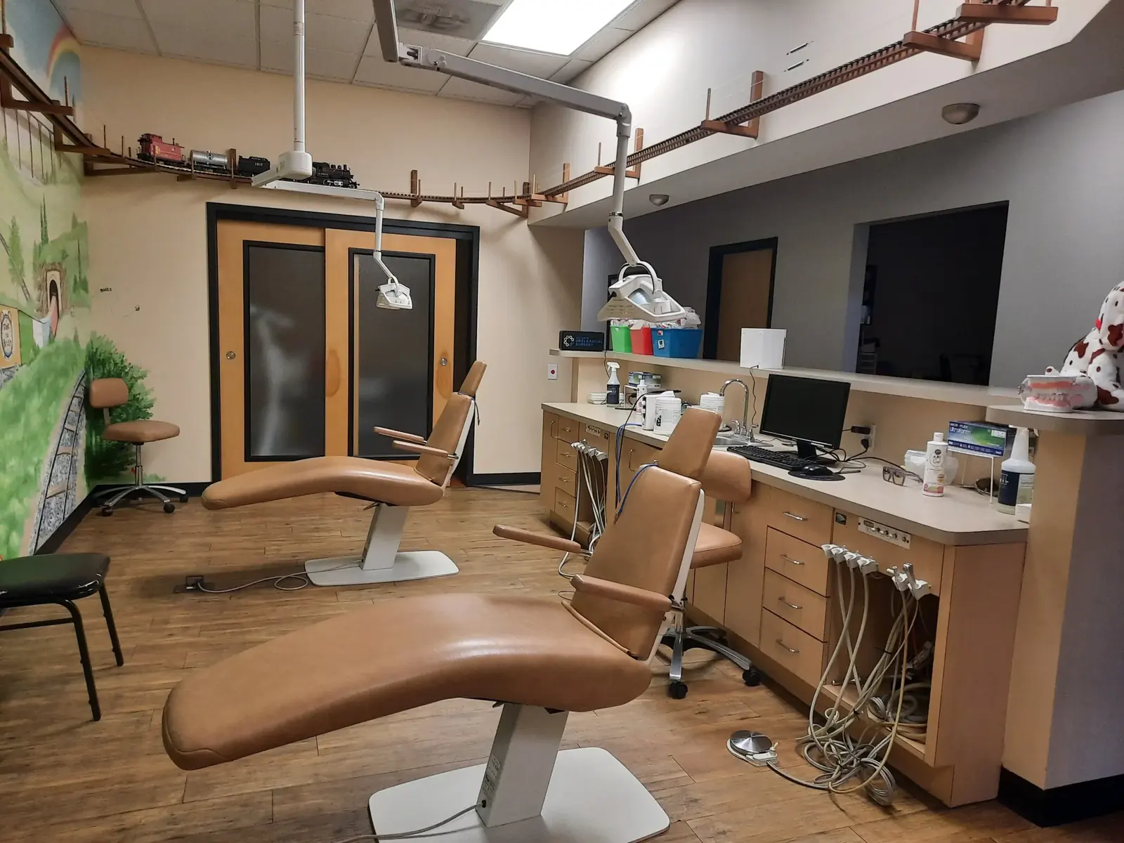 Treatment room with a train mural